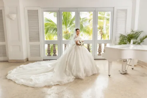 Novia con vestido de boda elegante en un salón iluminado con vista tropical. Fotografía profesional de bodas por David Sánchez.